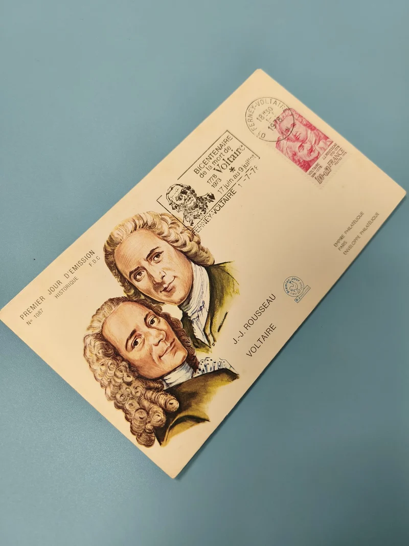 Enveloppe FDC premier jour Rousseau Voltaire, illustration couleur, timbre oblit