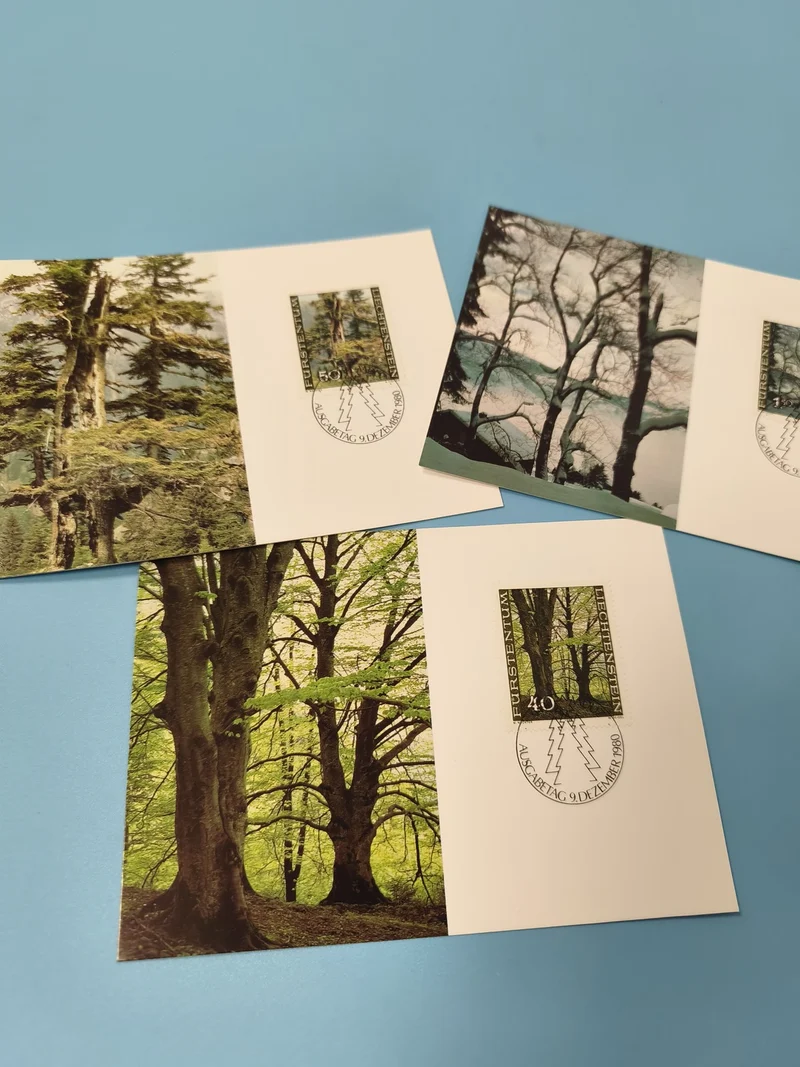 Cartes postales philatélie arbres paysages timbres Liechtenstein lot illustré
