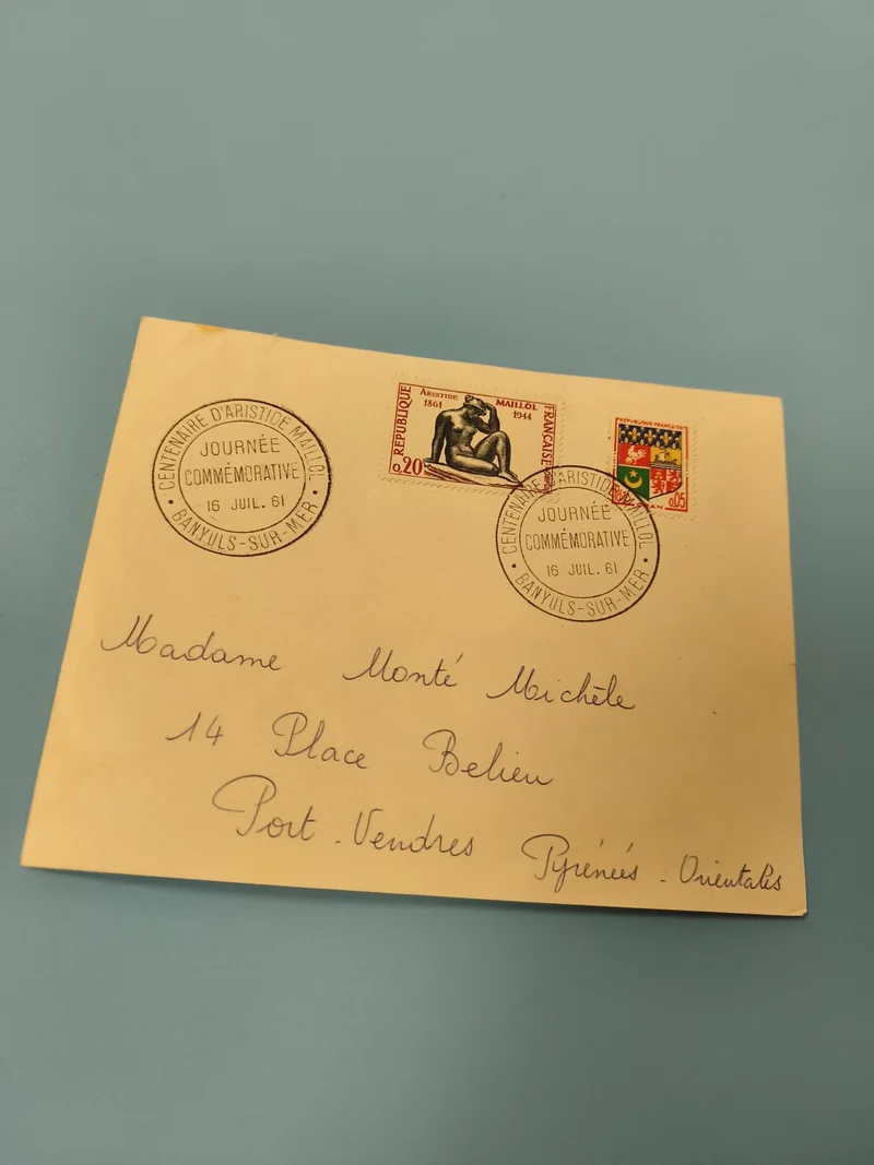 Ancienne enveloppe philatélie commémorative 1961 Aristide Maillol, timbres Franc