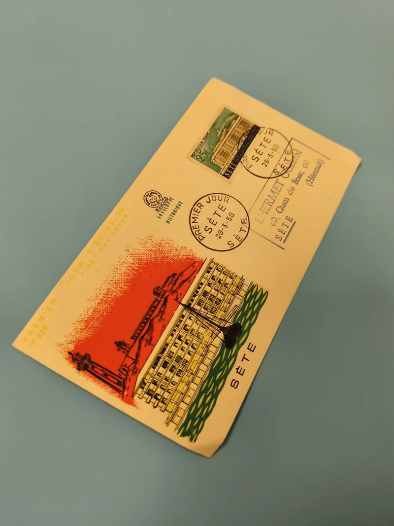 Ancienne enveloppe philatélie Sète illustrée, premier jour cachet 1958