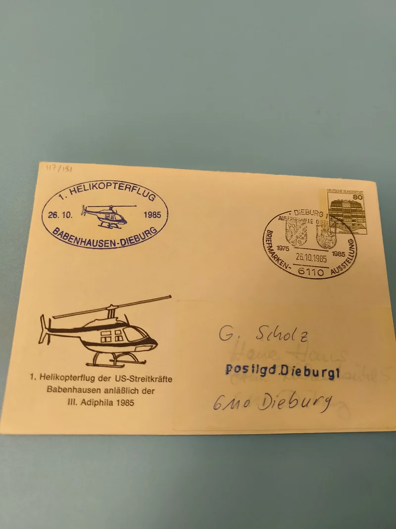 Ancienne enveloppe philatélie 1985 Hélicoptère Babenhausen Dieburg cachet