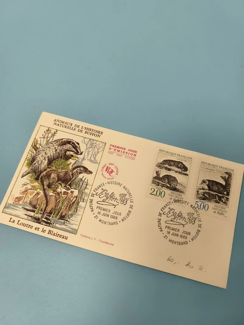 Enveloppe premier jour d?émission FDC animaux Buffon loutre blaireau 1988