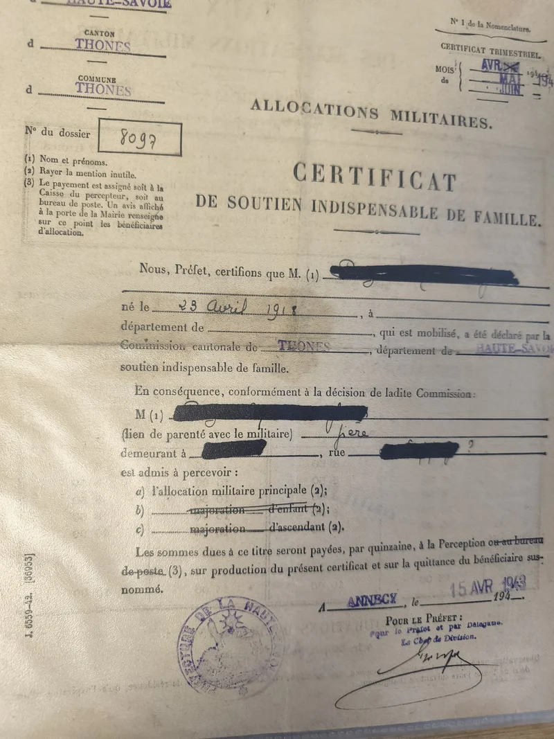 Ancien certificat militaire France 1943 Haute-Savoie document original