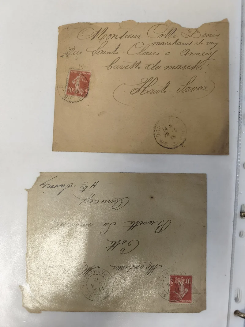 Lot anciennes enveloppes philatélie timbres 10c rouge, écriture manuscrite