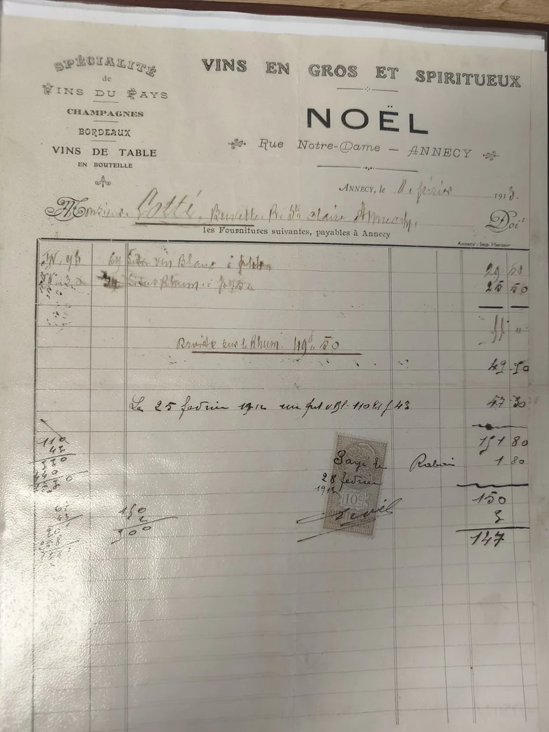 Ancien document commercial 1913 Vins Noël Annecy facture timbre fiscal vintage