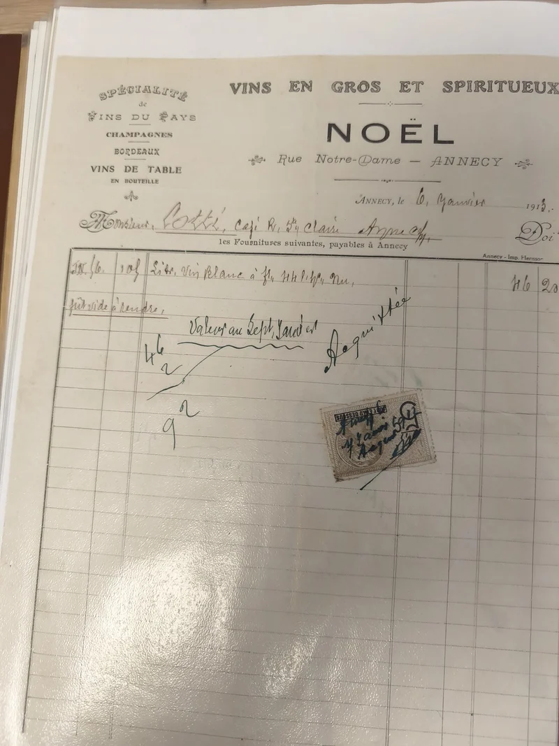 Ancien document commercial Noël Annecy 1913 facture vins timbre fiscal vintage