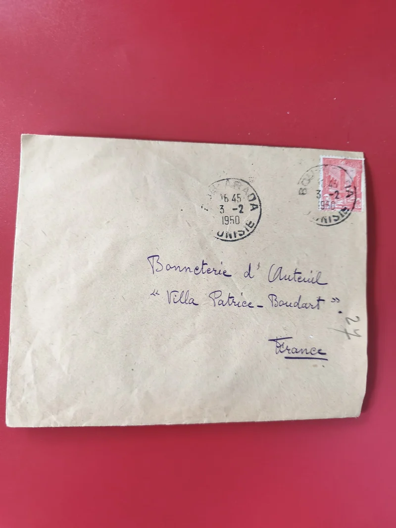 Enveloppe affranchie Timbre Tunisie 1950 cachet postal manuscrite France