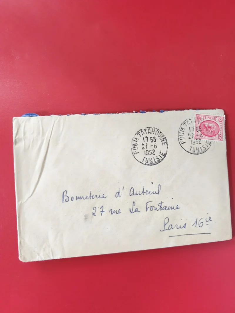 Enveloppe philatélie affranchie Tunisie 1952 cachets visibles Paris 16e