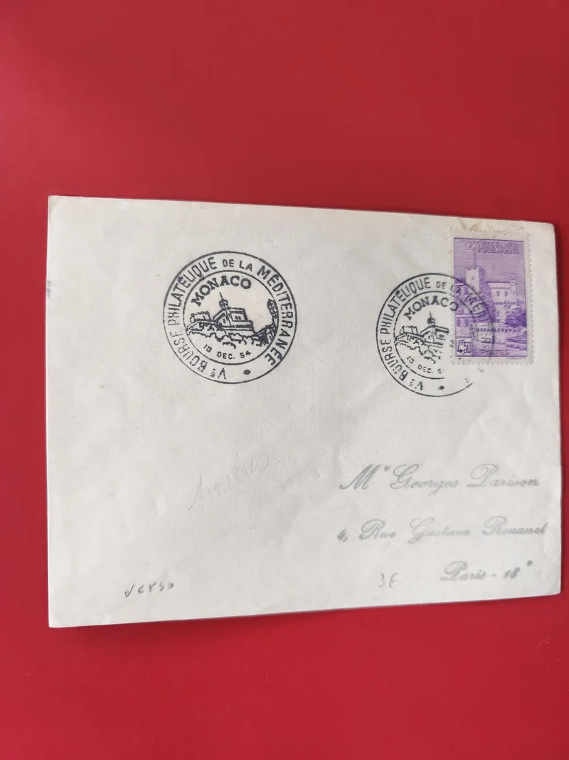 Enveloppe philatélie Monaco timbre violet cachets Méditerranée Philatelic