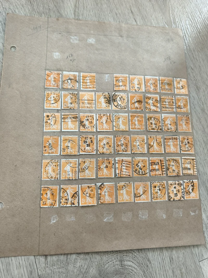 Lot ancien timbres Marianne orange 5c oblitérés sur planche philatélie étude