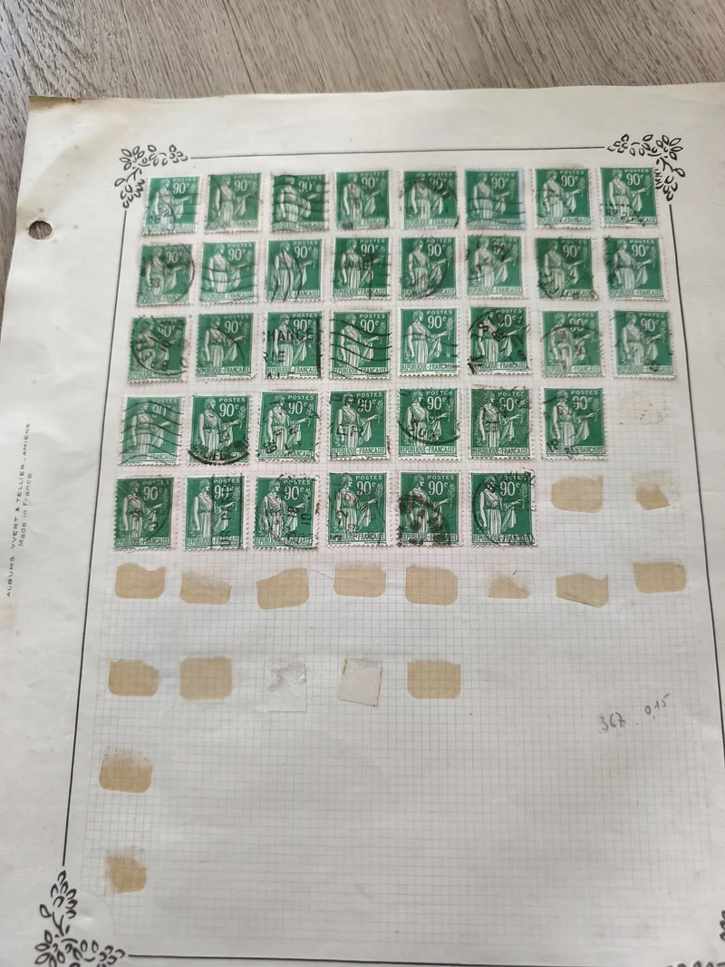Gros lot timbres anciens Marianne 90c verts oblitérés pour étude philatélie