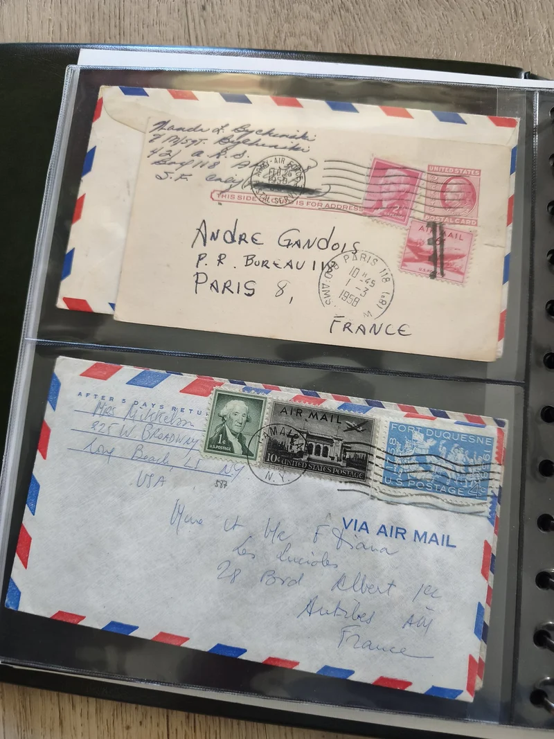 Lot 2 anciennes enveloppes oblitérées USA-France vintage, timbres collection