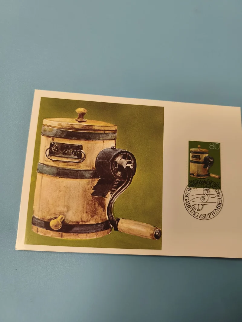 Carte postale philatélie moulin à manivelle illustration timbre 80 vert