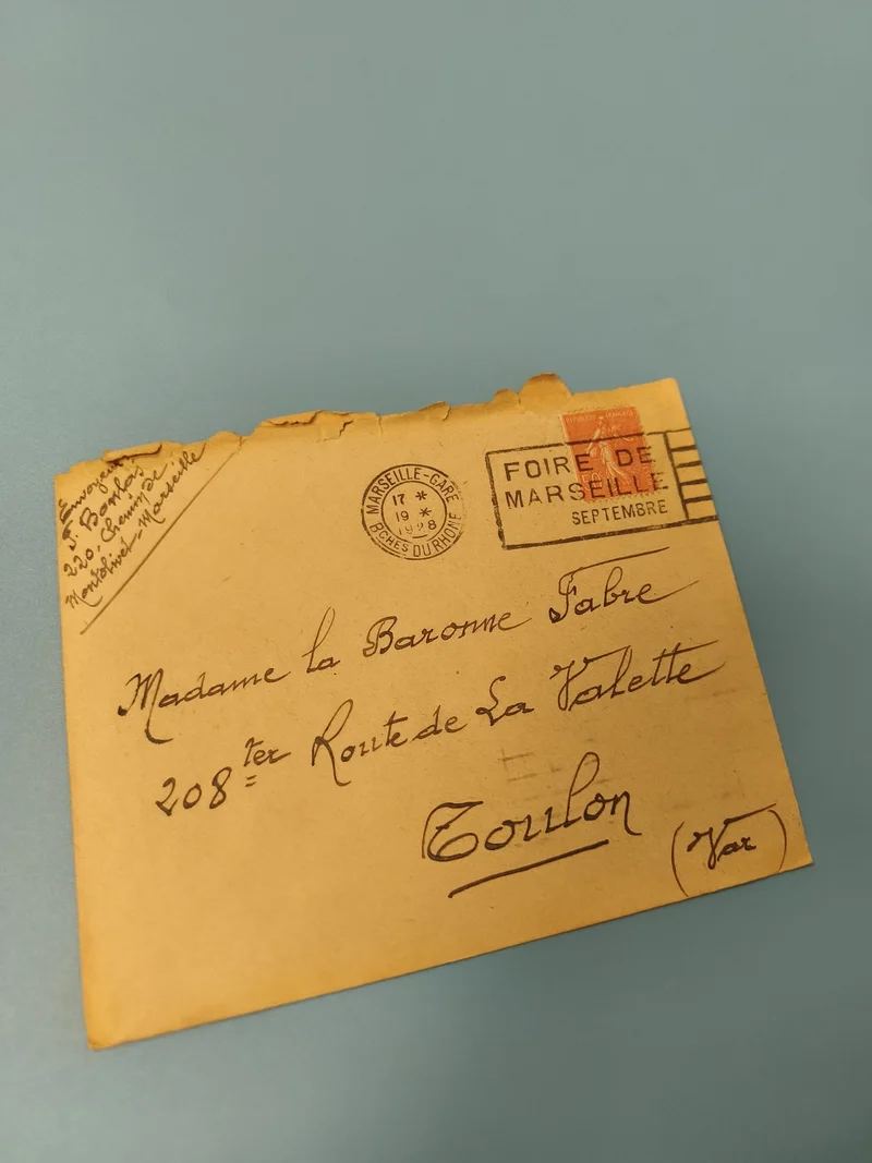 Ancienne enveloppe philatélie Foire de Marseille cachet 1928 écriture manuscrite