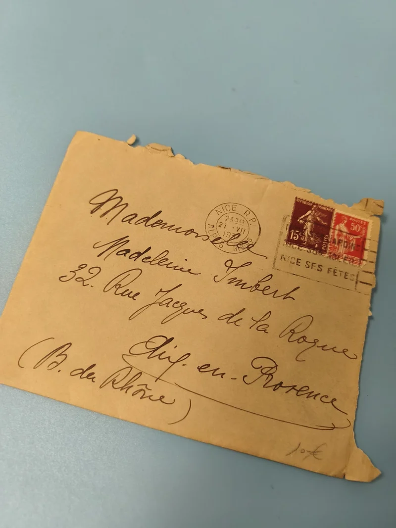 Ancienne enveloppe philatélie timbrée Nice 1930s, écriture manuscrite vintage