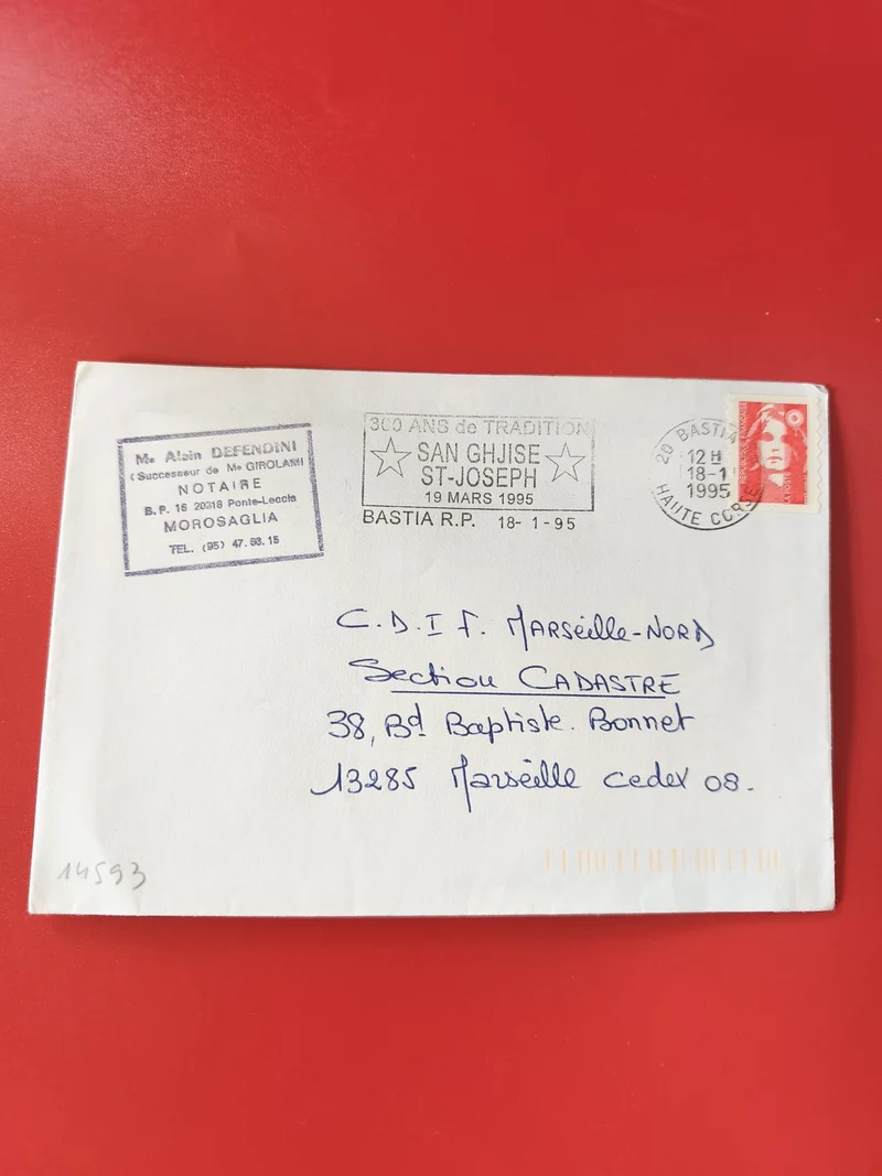 Enveloppe philatélie oblitérée Bastia 1995 timbre Marianne cachet notaire