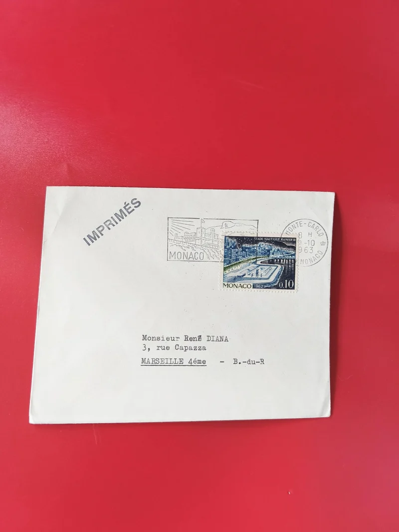 Enveloppe philatélie Monaco affranchie timbre Stade Nautique 1962 imprimés