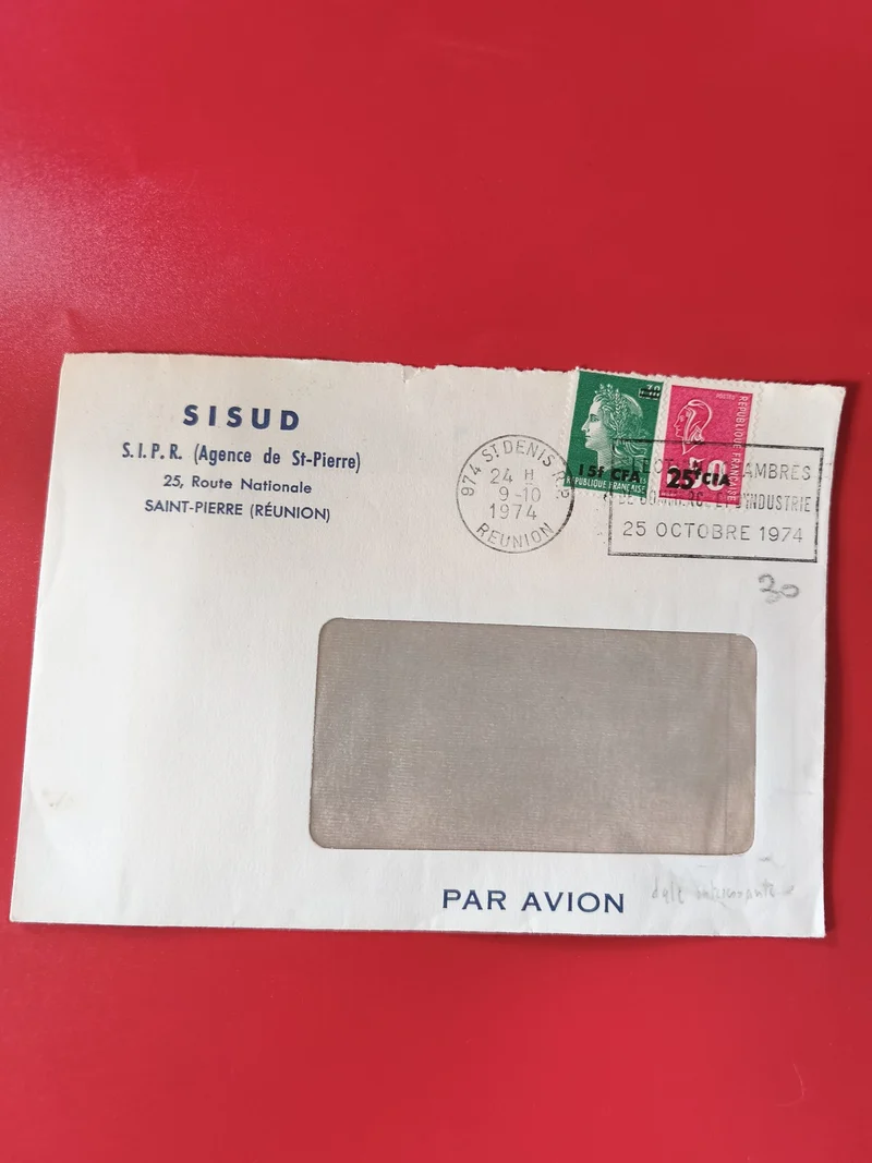 Enveloppe philatélie Par Avion S.I.P.R Réunion timbrée 1974 fenêtre