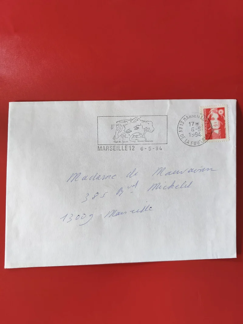 Enveloppe philatélie oblitérée Marseille 1994 timbre Marianne rouge