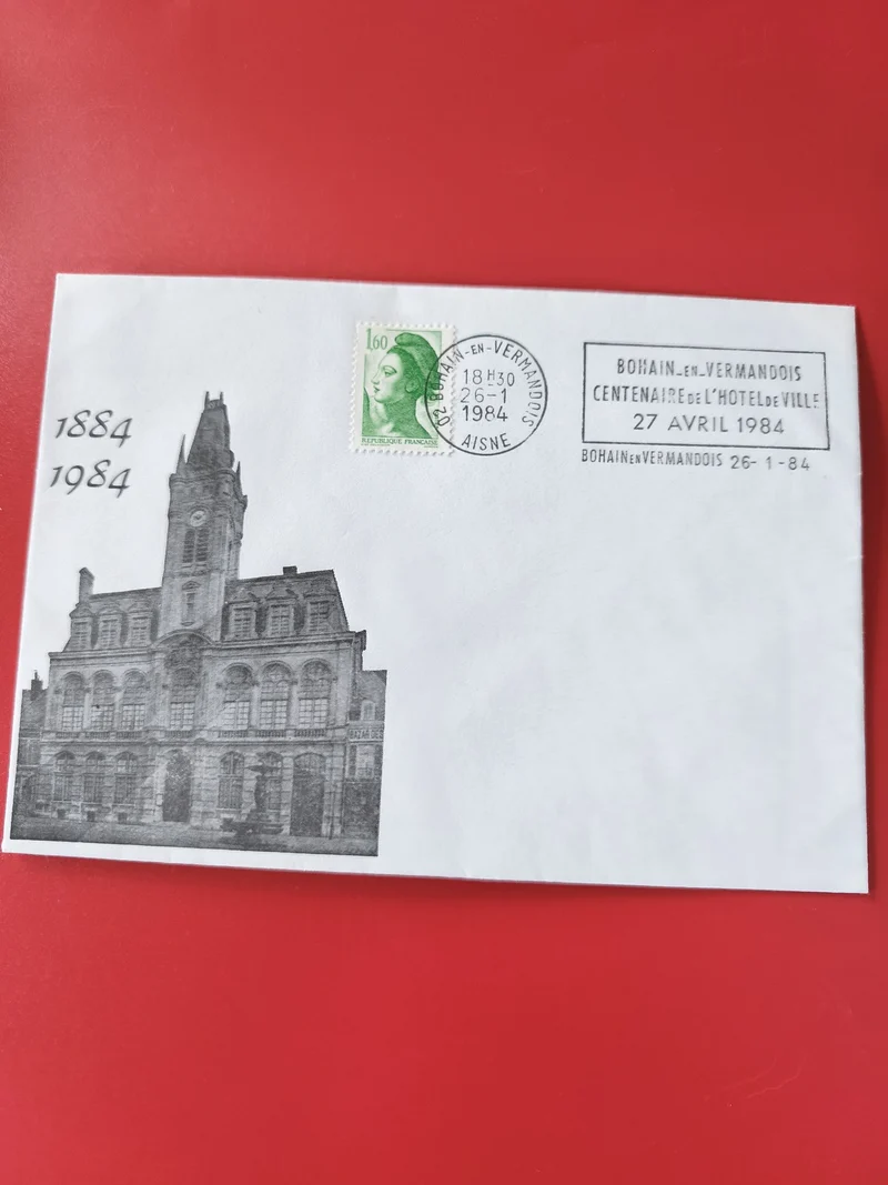 Enveloppe philatélie Bohain-en-Vermandois Hôtel de Ville 1984 timbre Marianne