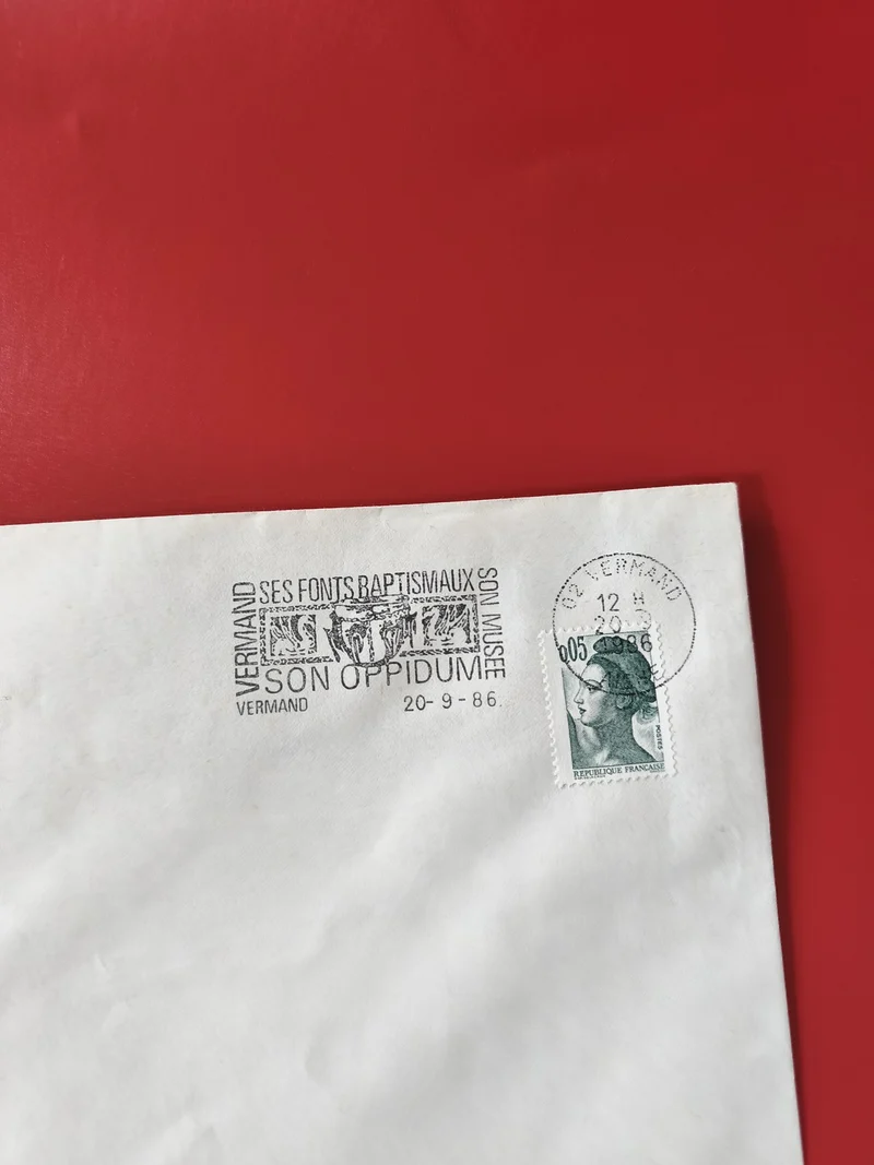 Enveloppe philatélie oblitérée Vermand Marianne timbre France 1986 cachet postal