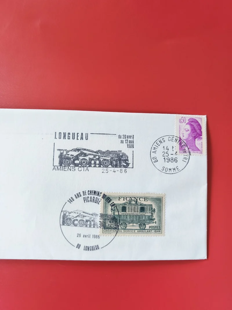Enveloppe philatélie oblitérée train Longueau Amiens 1986 timbres France