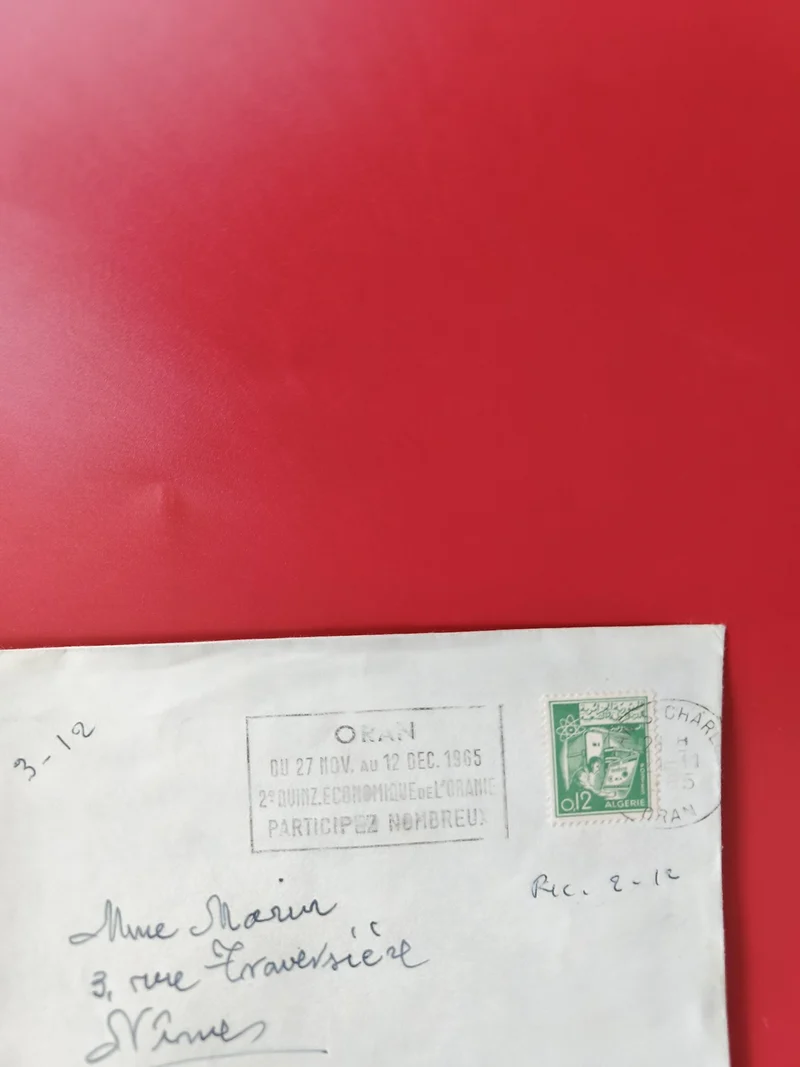 Enveloppe philatélie Algérie timbrée Oran 1965 cachet postal vert