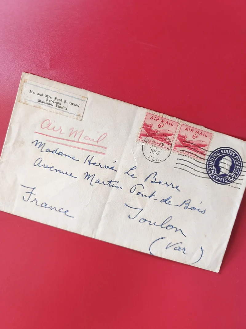 Enveloppe philatélie Air Mail USA 6¢ oblitérée, expédiée vers France Toulon
