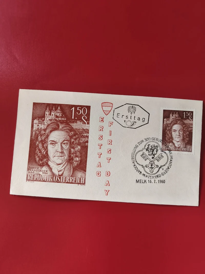 Enveloppe philatélie Autriche 1,50 S Jakob Prandtauer timbre et cachet 1960