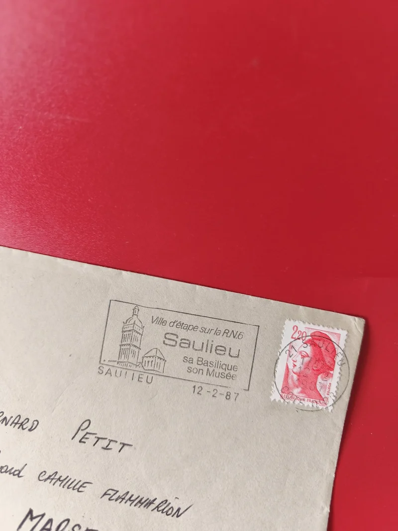 Enveloppe philatélie oblitérée Sauieu 1987 timbre Marianne rouge 2,20F