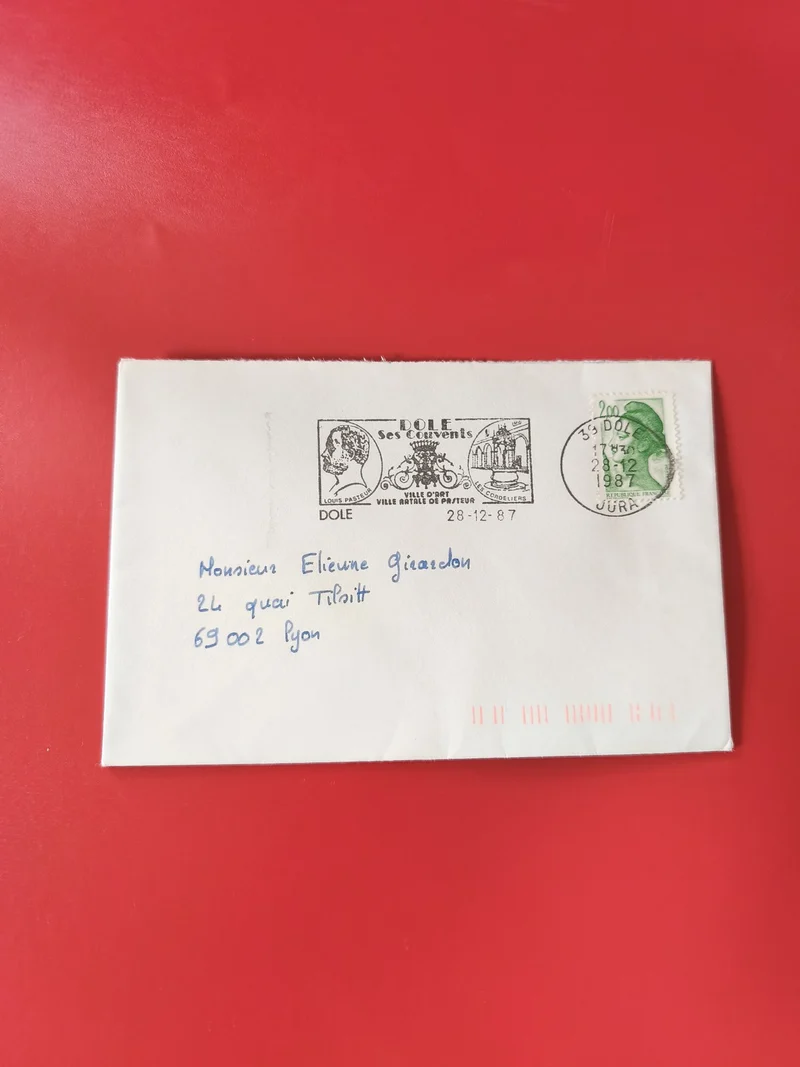 Enveloppe philatélie Dole oblitérée 1987 timbre vert cachet illustré