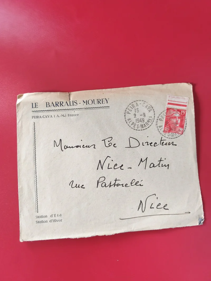 Enveloppe philatélie timbre rouge Marianne 15F oblitérée Peira-Cava Nice