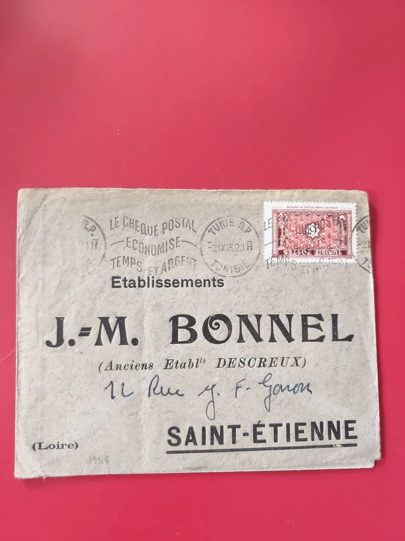 Enveloppe philatélie oblitérée J.-M. Bonnel Saint-Étienne avec timbre rouge