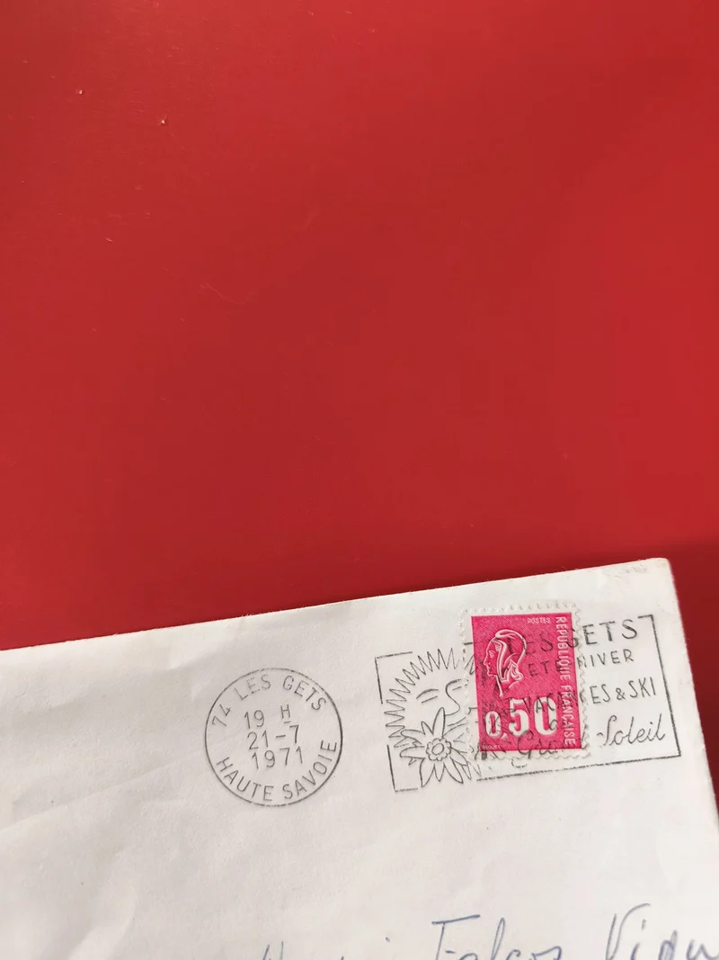Enveloppe timbrée Les Gets Haute-Savoie oblitérée, tampon 1971, timbre rouge