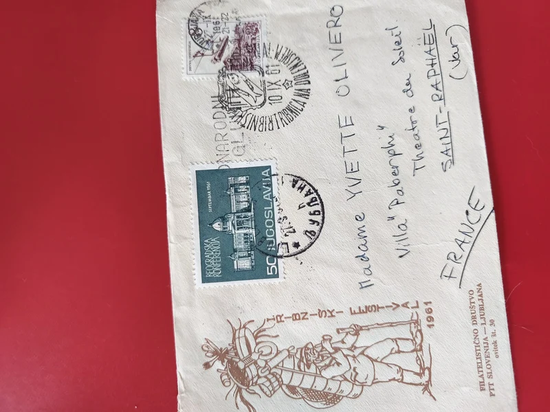 Enveloppe philatélie timbrée Yougoslavie 1961, illustration, oblitérations visib