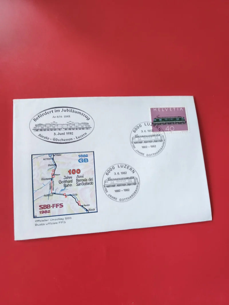 Enveloppe philatélie SBB-FFS 1982, timbre Helvetia, commémoration Gotthard