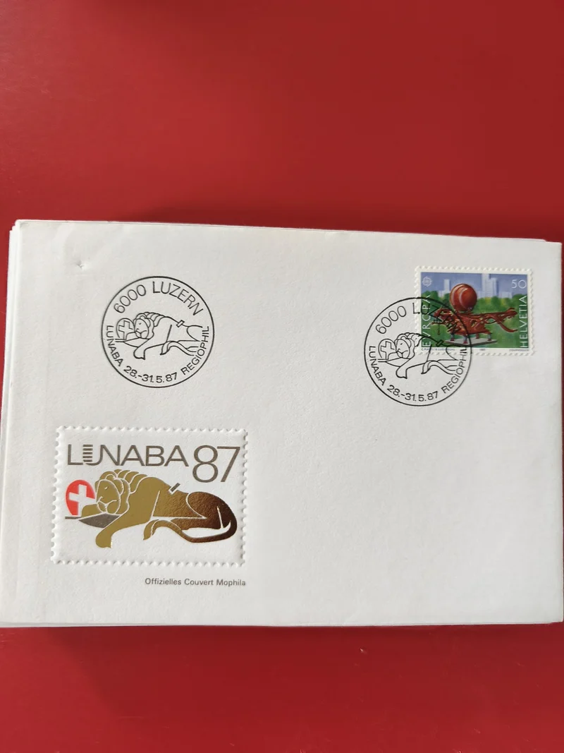 Enveloppe philatélie LUNABA 87 Lucerne avec timbres et cachets Helvetia