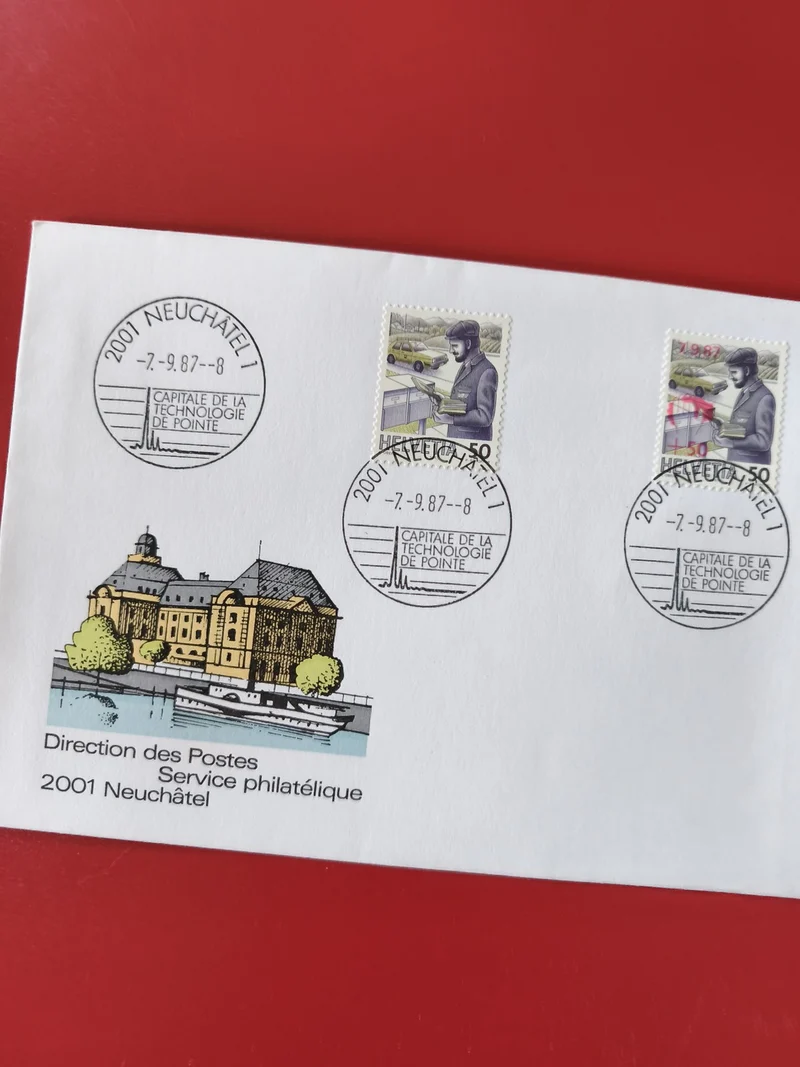 Enveloppe philatélie Neuchâtel oblitérée, timbres illustrés, Direction des Poste