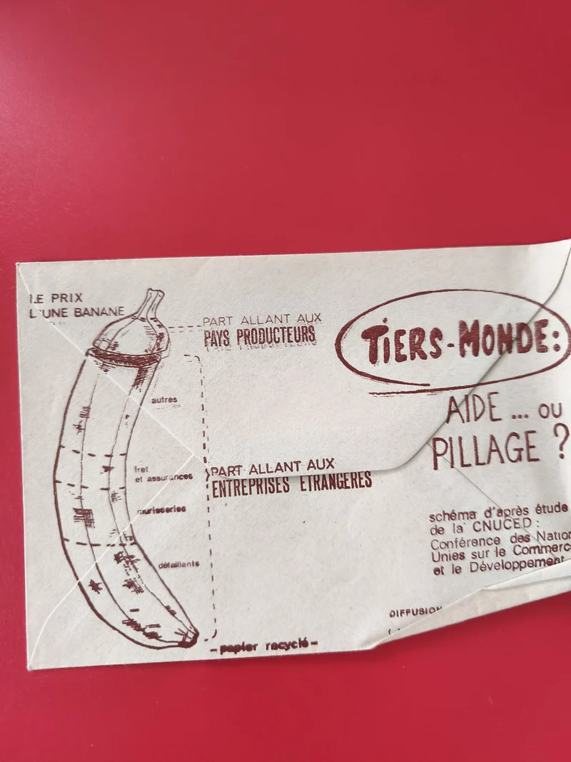 Enveloppe philatélie illustrée Tiers-Monde ? motif banane, message engagé