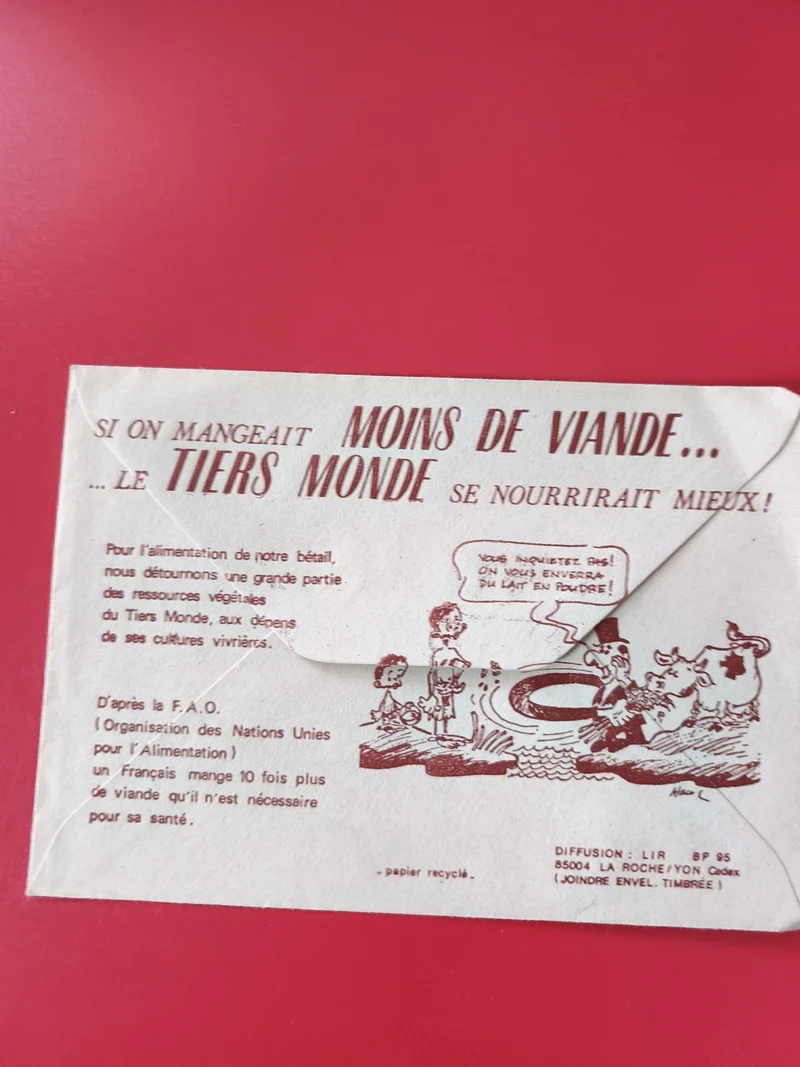 Enveloppe philatélie message Moins de viande tiers monde papier recyclé illustra