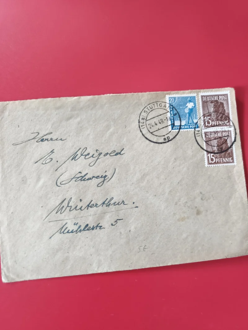 Enveloppe philatélie affranchie timbres Deutsche Post 1948 avec cachet Stuttgart