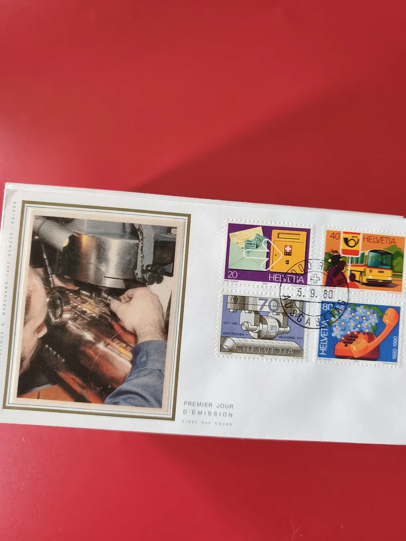 Enveloppe philatélie Suisse avec timbres illustrés et cachet 1980