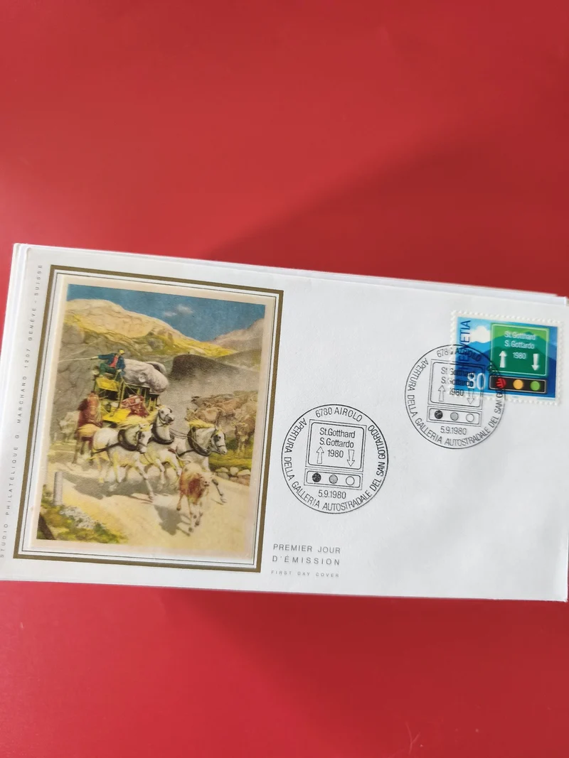 Enveloppe philatélie premier jour St. Gotthard 1980 illustration diligence timbr