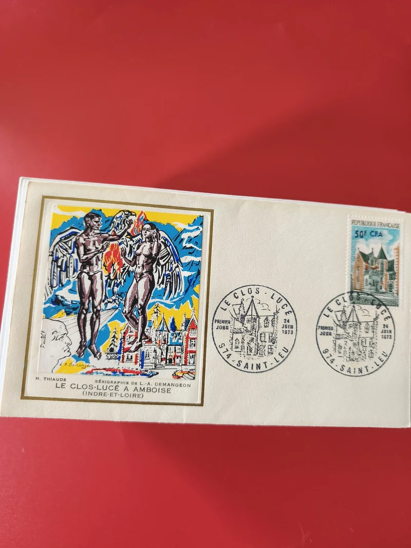 Enveloppe philatélie Le Clos Lucé Amboise illustration colorée cachet 1973