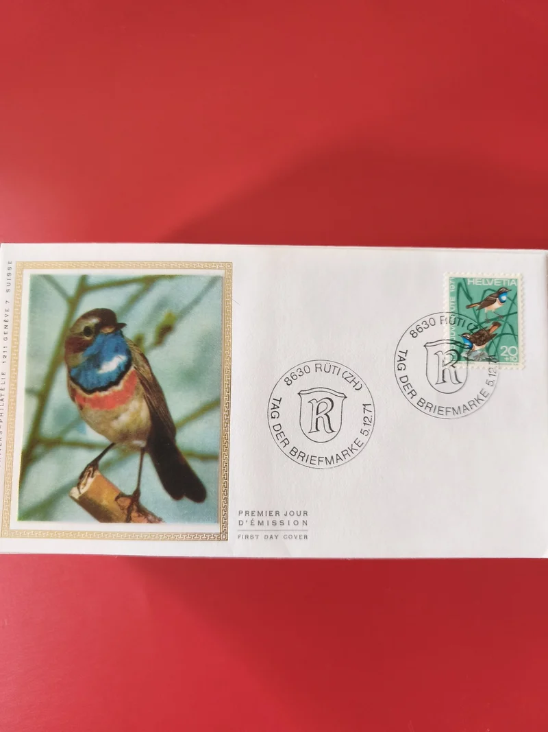 Enveloppe philatélie oiseau Premier Jour Suisse Helvetia tampon Rüti décor oisea