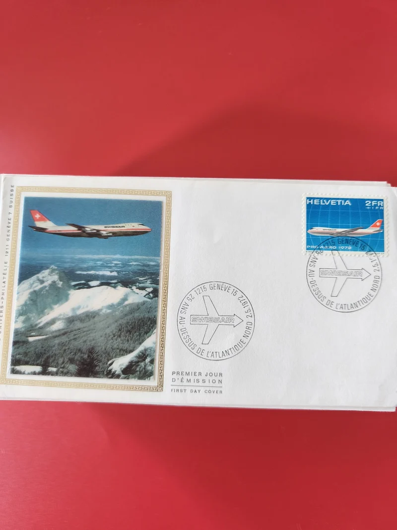 Enveloppe philatélie Swissair avion timbre Helvetia 2FR premier jour