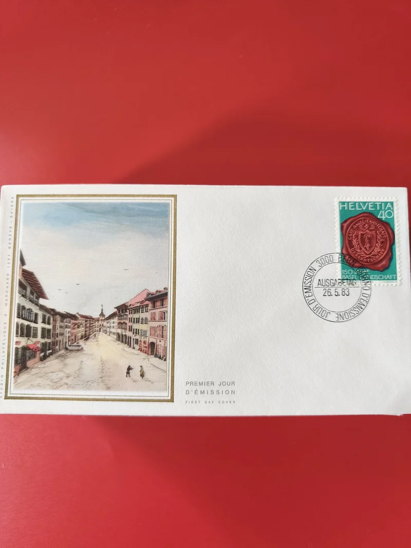 Enveloppe philatélie Premier Jour Suisse Helvetia 40, illustration ville, 1983
