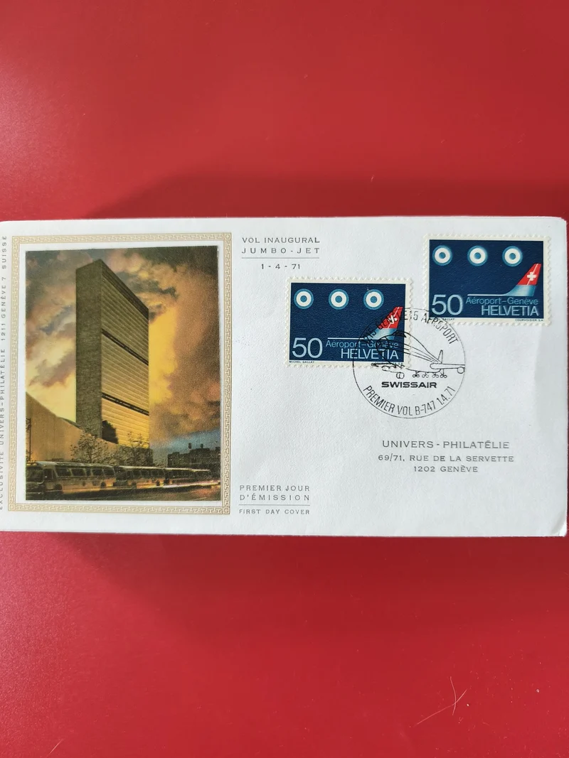 Enveloppe philatélie premier jour Suisse Genève Jumbo Jet 1971 timbres 50 Helvet