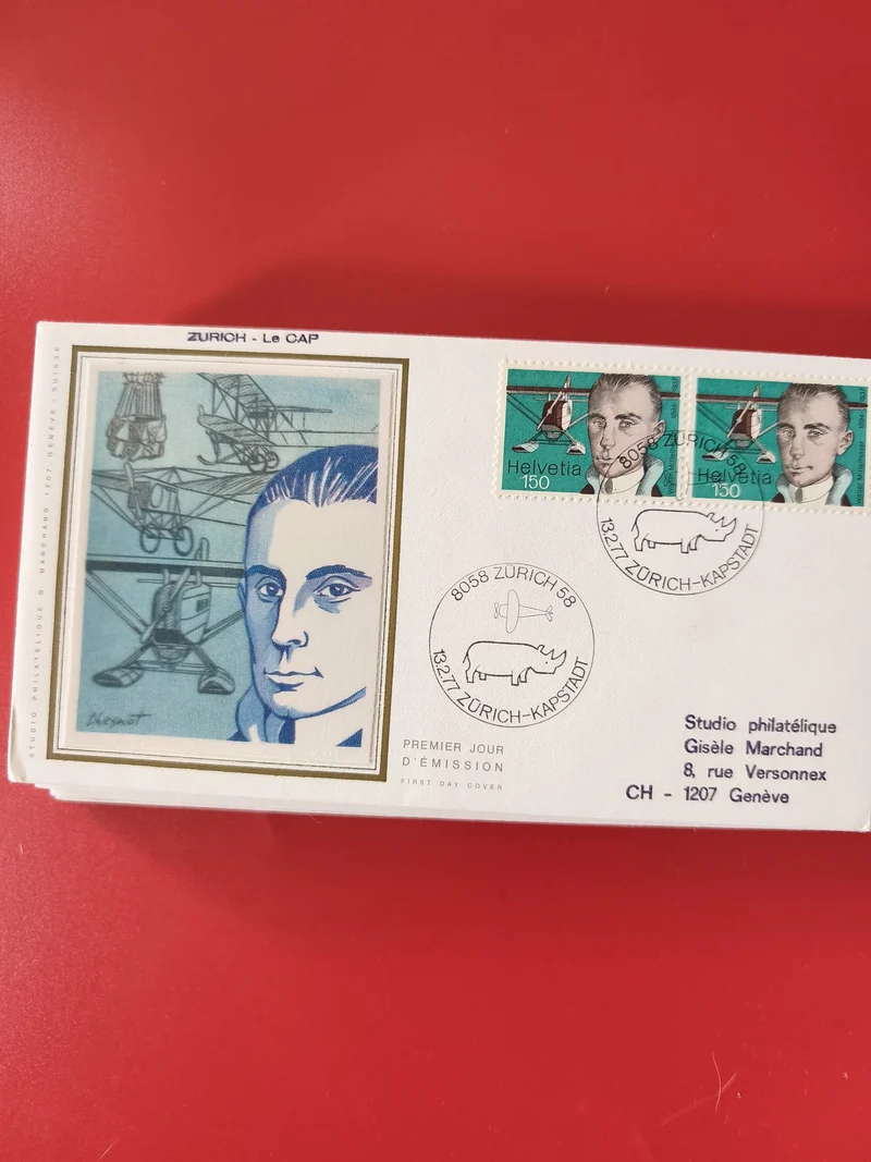 Enveloppe philatélie Zurich-Le Cap premier jour timbres Helvetia portrait