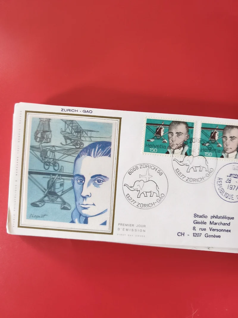 Enveloppe philatélie Zurich-Gao, timbres Helvetia avion, portrait bleu